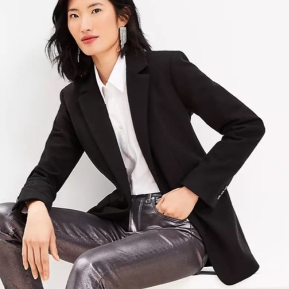 Loft Brushed Herringbone Long Black Blazer Size 12 NWOT